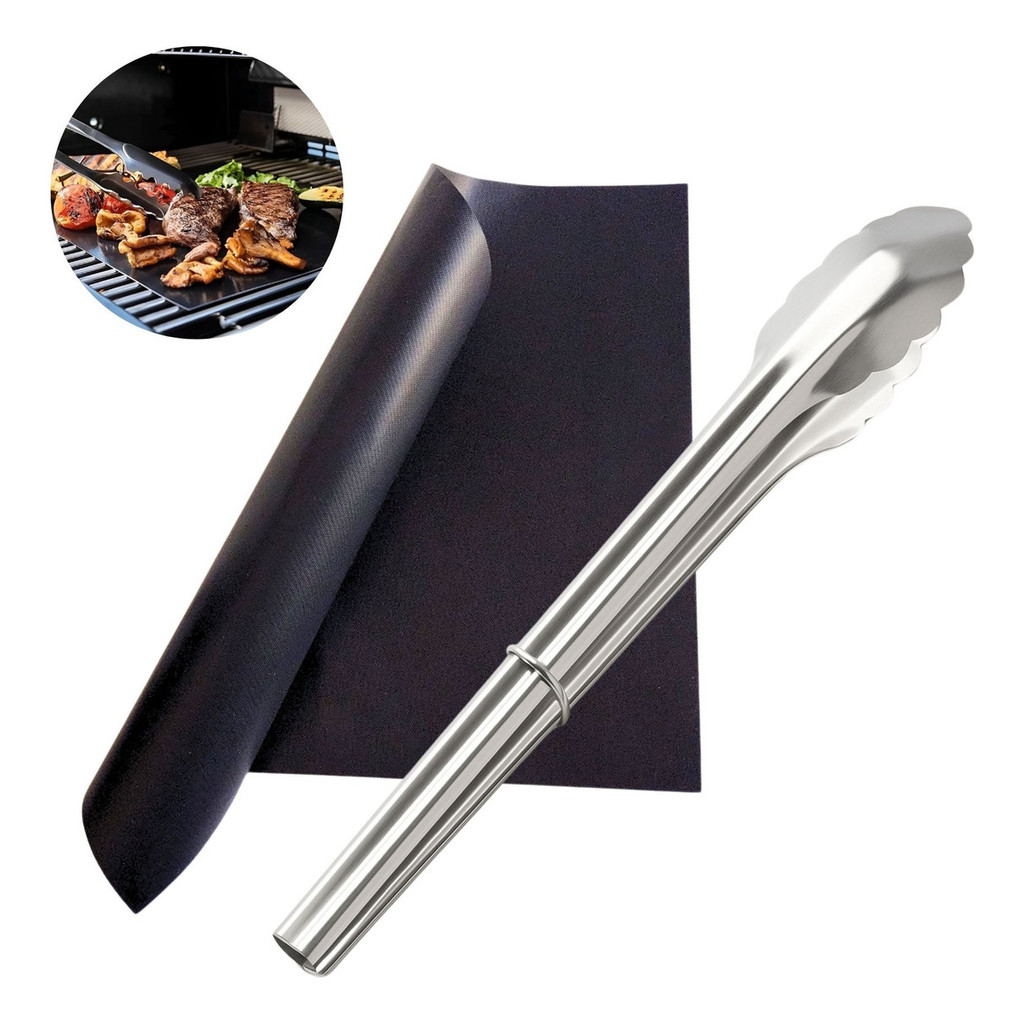 Conjunto Churrasco Tapete de Teflon Culinário com Pinça Pegador Inox 38cm