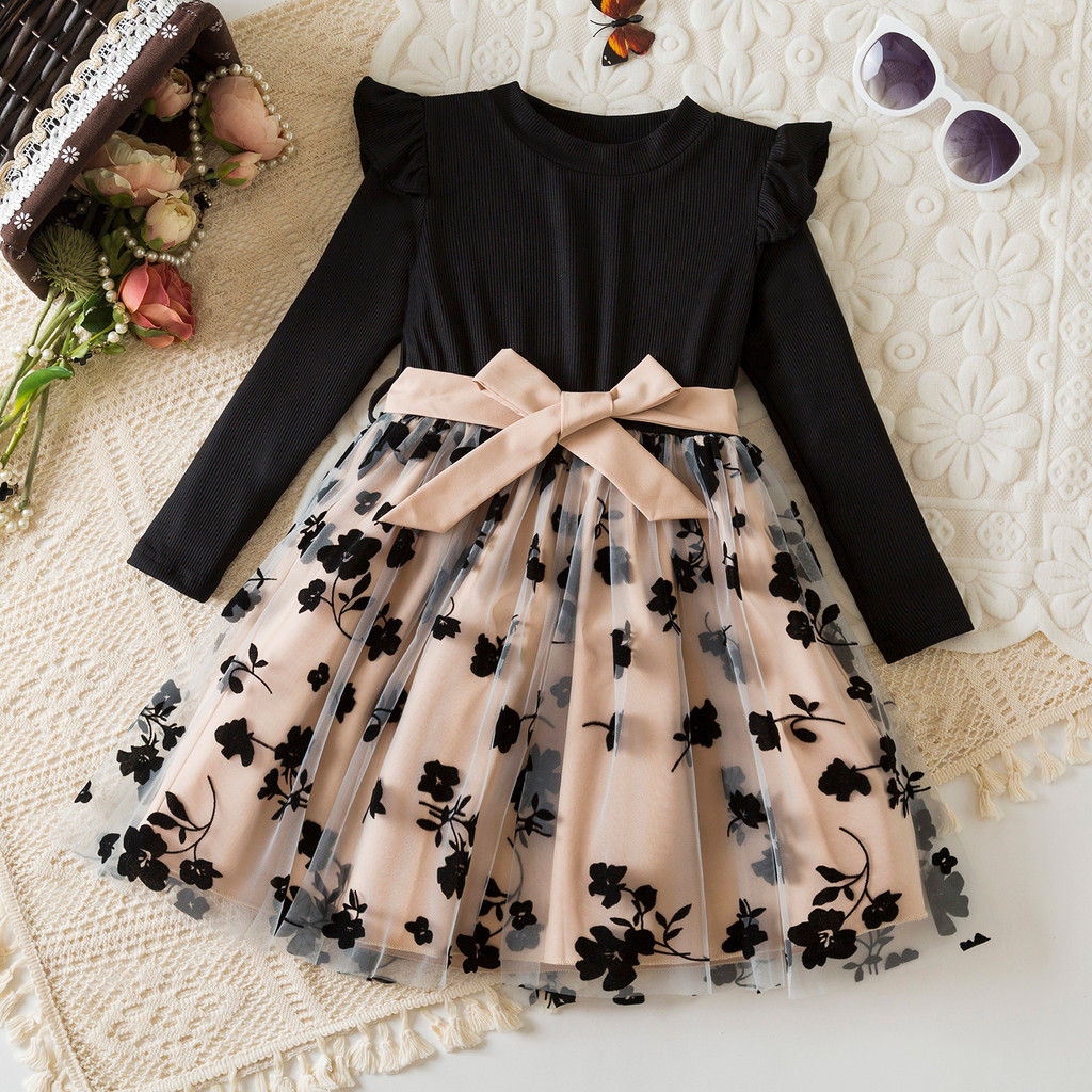 WFRV 3-8 menina outono / inverno moda flor menina casual manga longa princesa vestido vestido festa de aniversário