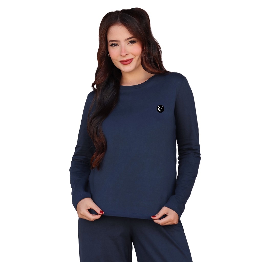Conjunto Pijama Feminino Manga Longa Liso Adulto Confortável 100% Algodão