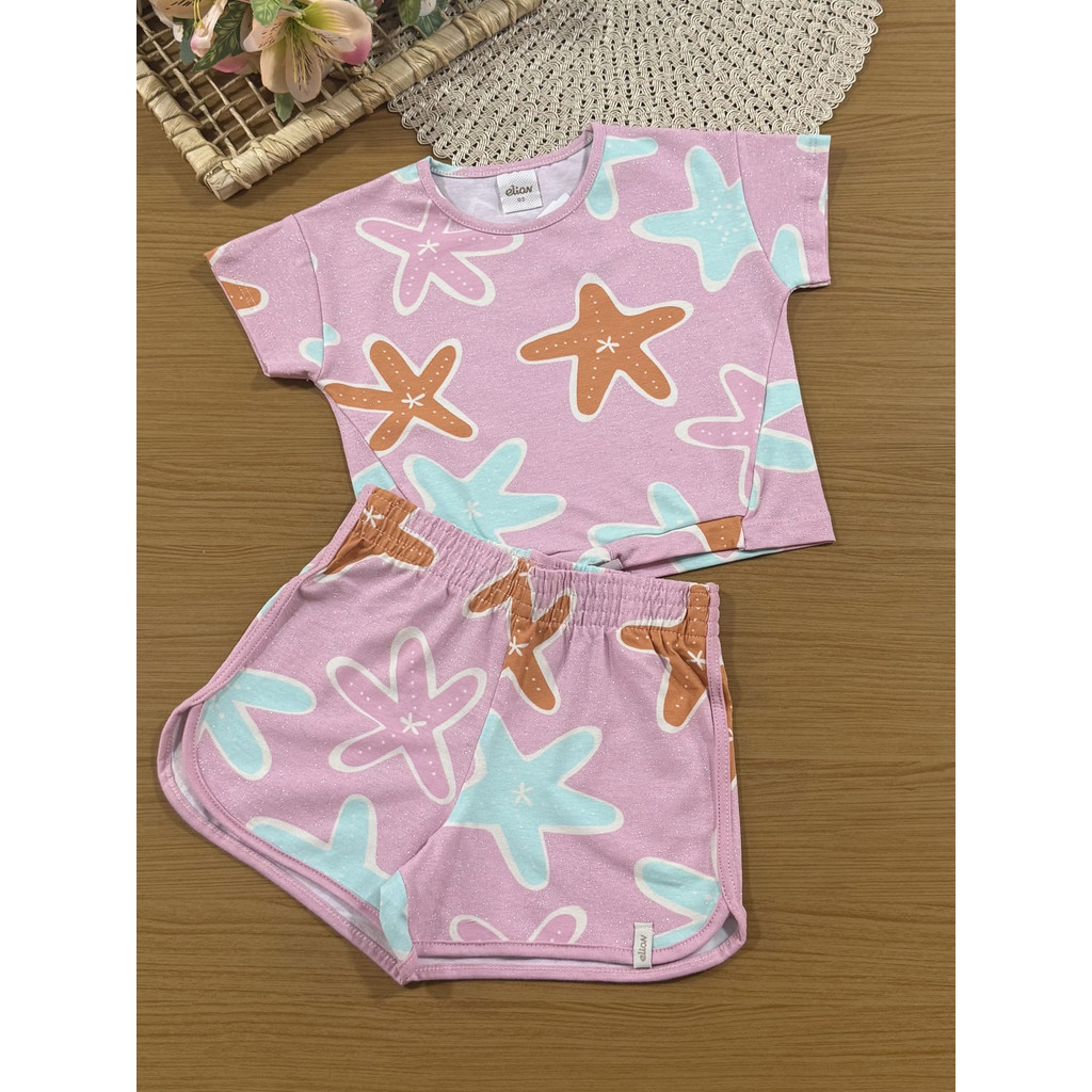 Conjunto Infantil Menina Elian com Shorts e Blusa Rosa Fundo do Mar