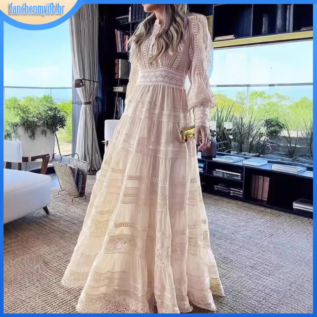 Verão Outono Férias Manga Longa Midi Bordado Branco Vestido De Baile Feminino Retalhos Renda Uma Linha Oco Para Fora Ves