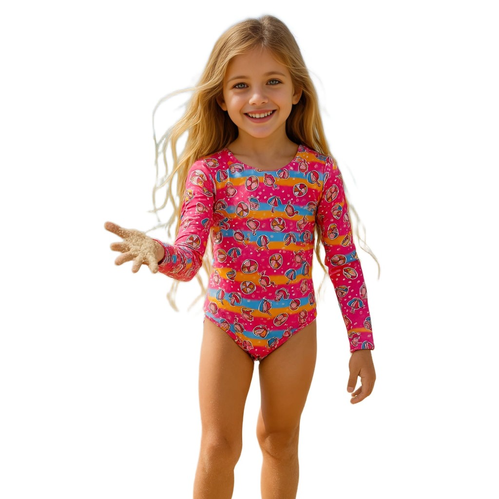 Maiô Menina Manga Longa Moda Praia Estampa Infantil Feminino