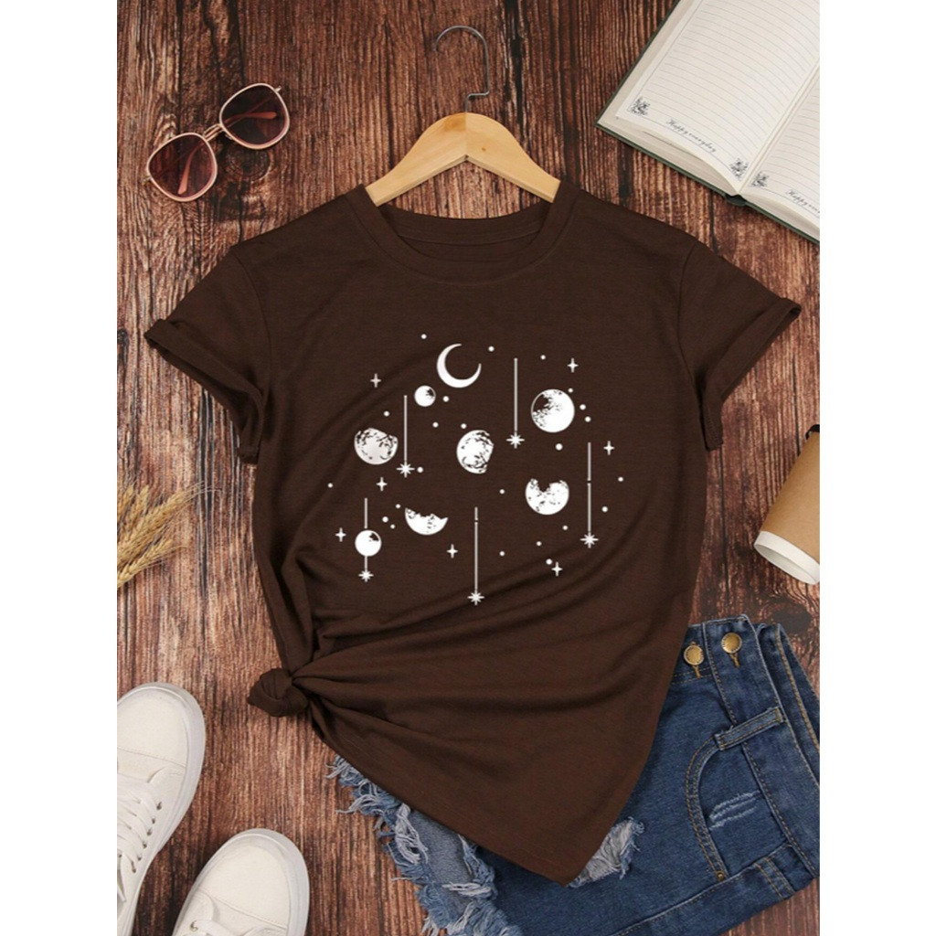 [Camiseta Premium em Algodão Puro]SISICamiseta Oversized Feminina Academia Plus Size Estampa Desenho Céu Lua Estrelinhas