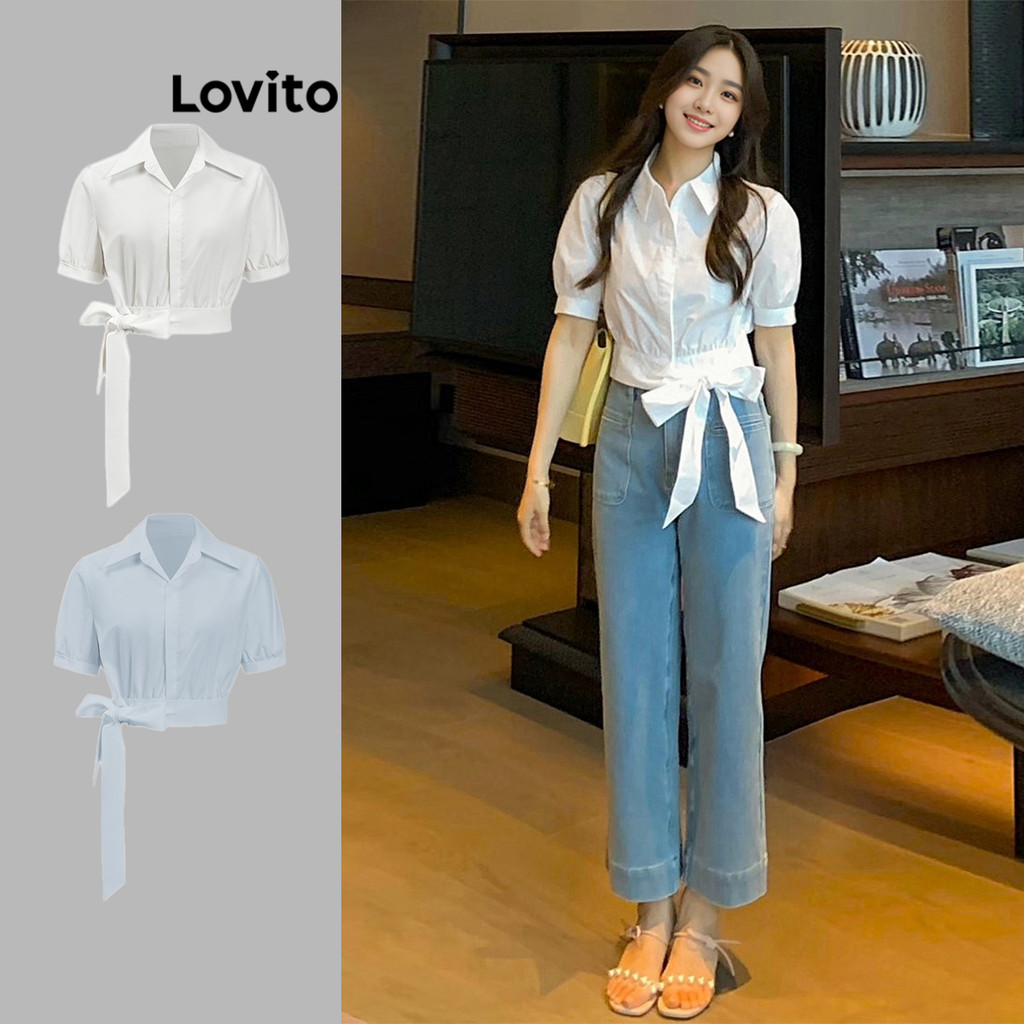 Lovito Blusa Modesta Blusa Lisa Com Gravata Frontal Para Mulheres L94AD015 (Multicolorido) - Women Clothes