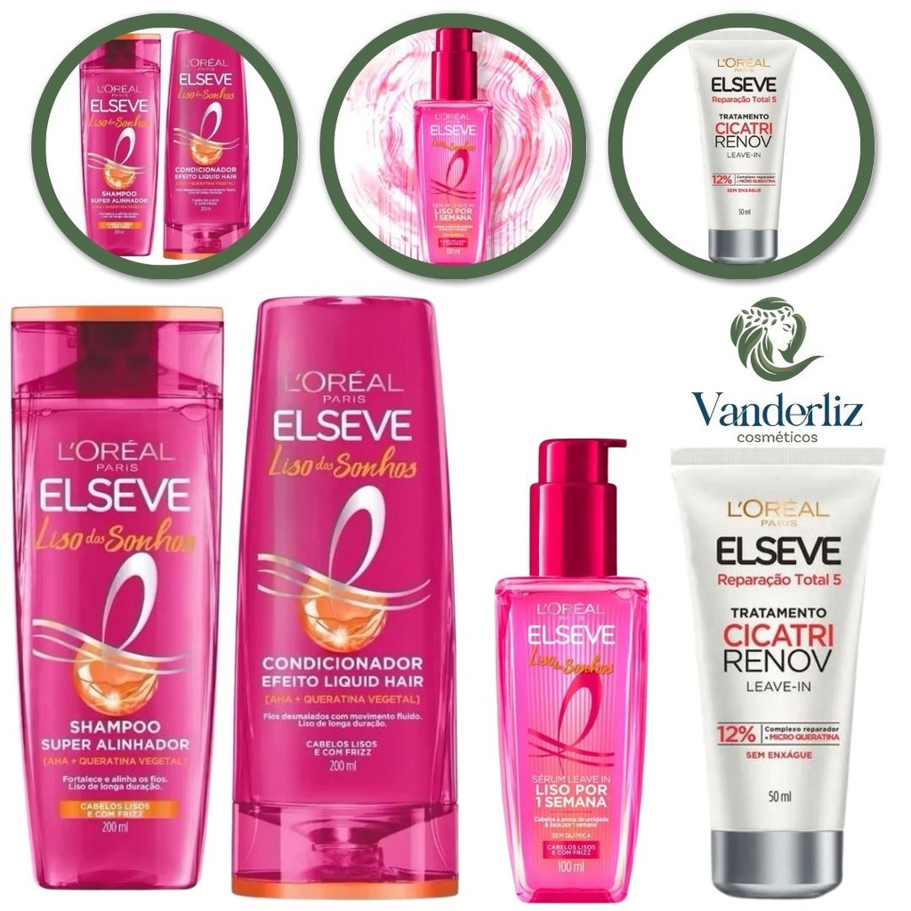 Kit Sh + Cond 200ml Liso dos Sonhos Efeito Botox + Sérum 100ml + Leave in Cicatri Renov Elseve 50ml
