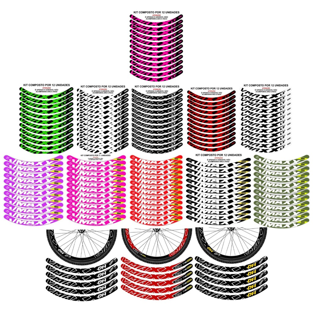 Kit 12 Adesivos Vmaxx LT Aro 24 26 29 Várias Cores Compatível com V-Brake e Disco Roda  Bike