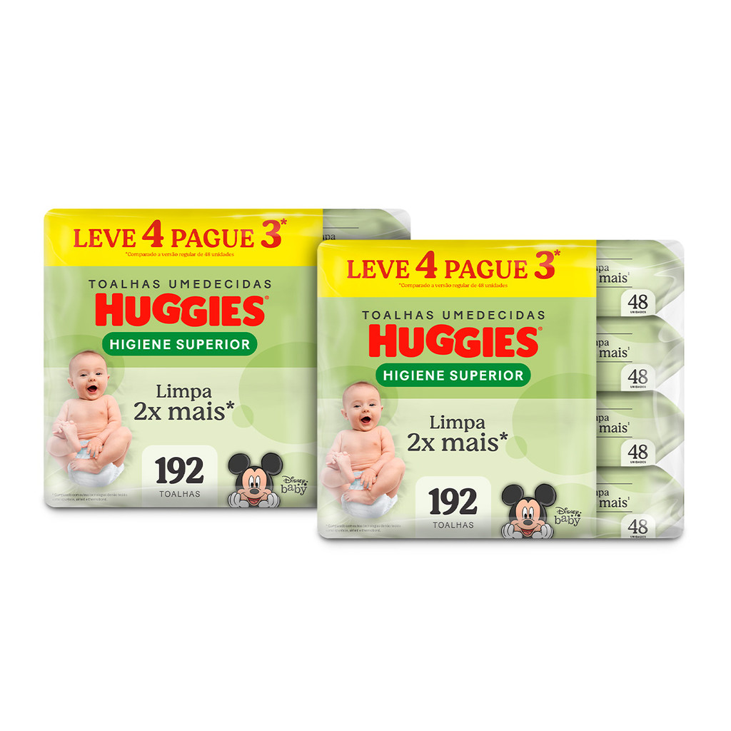 Kit 2 - Lenços Huggies Higiene Superior Limpam 2x Mais 4 x 48 Um