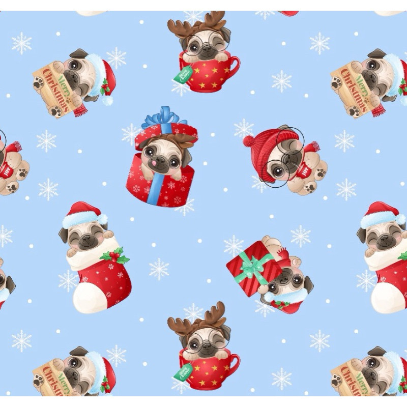 TACTEL TECIDO 100% POLIESTER - Cachorro Pug Natalino e Presentes Pet Noel