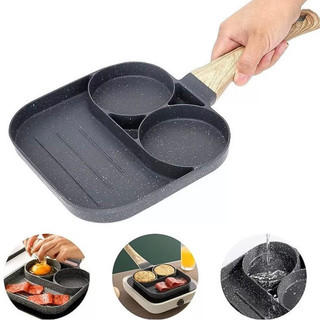 Frigideira Multifuncional Antiaderente 4 em 1 Ovos Hambúrguer Omelete Com Alça De Madeira funciona em fogão de indução
