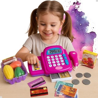 Caixa Registradora Infantil Rosa Brinquedo Calculadora Scanner Com Luz E Som
