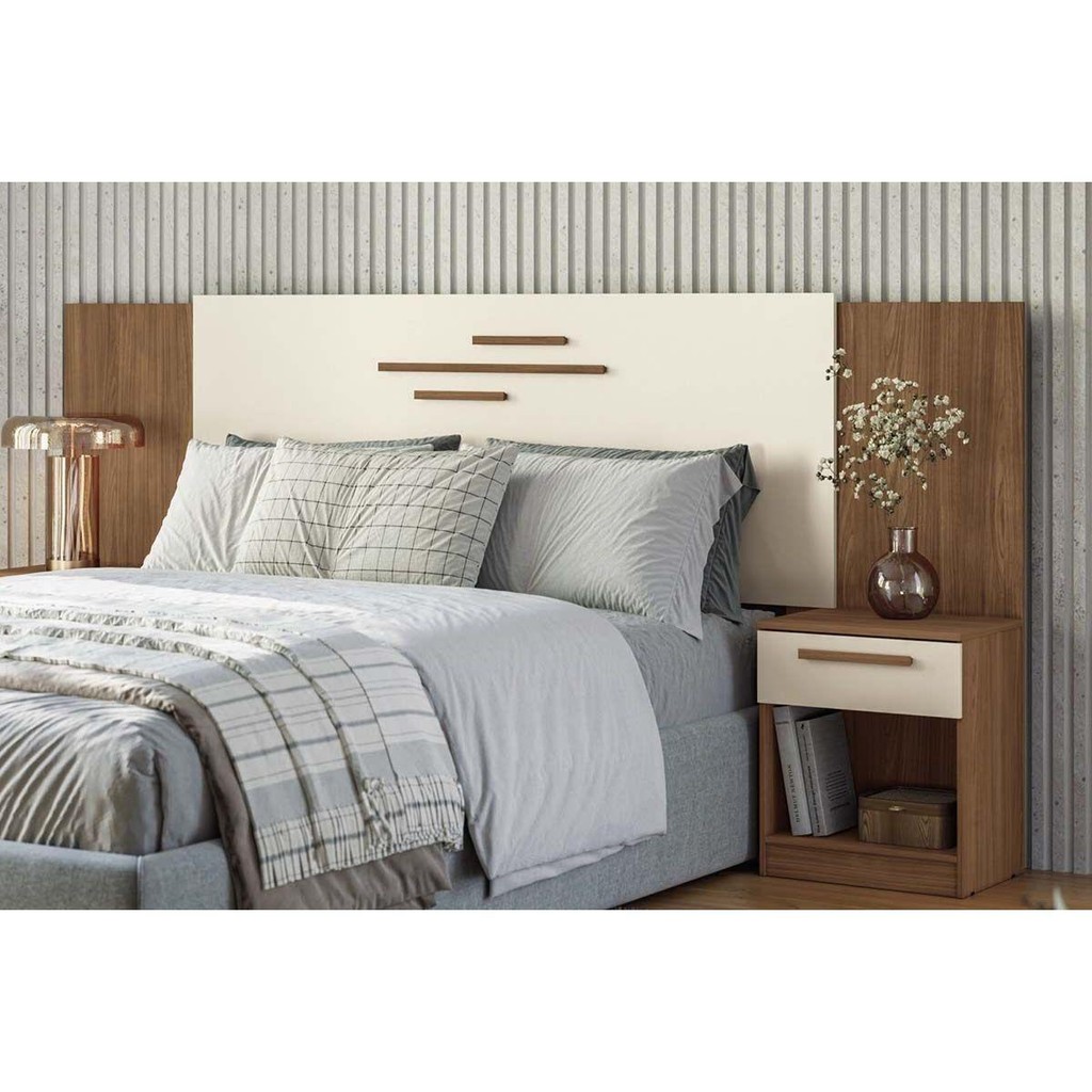 Cabeceira Cama Box Madeirado Casal/Queen Loanda c/ 2 Mesas e 2 Gavetas Jatoba/Areia - Santos Andirá em Oferta na Shopee