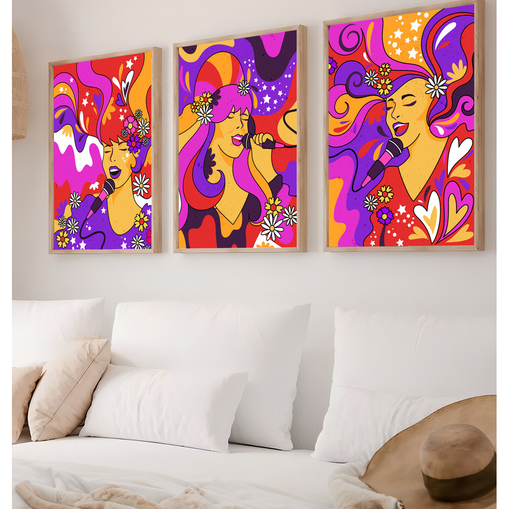 Kit 3 Quadros Cantoras Coloridas Psicodélico Anos 70 Arte Pop Feminina Voz Música Sala Alegre