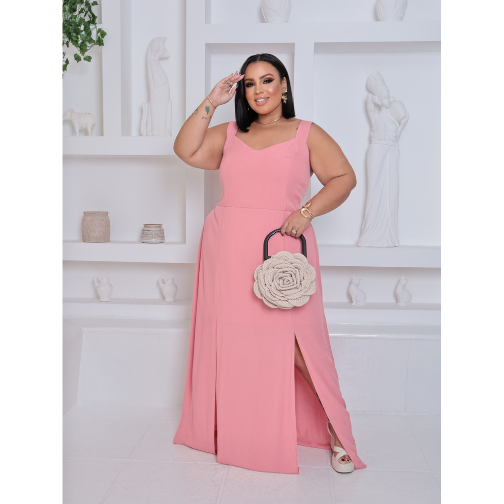 Vestido Regata Longo Liso Feminino Moda Glam Plus Size Festa Eventos igreja