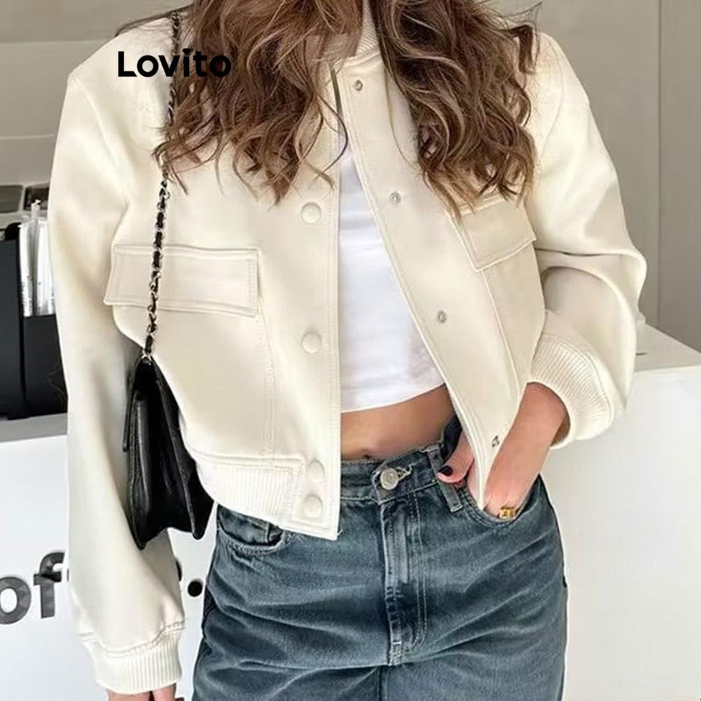 Lovito Jaqueta feminina casual com botão liso frontal LNL52139