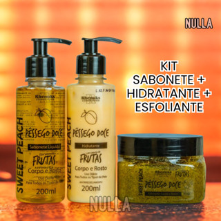 KIT SABONETE + HIDRATANTE + ESFOLIANTE PESSEGO CORPO E ROSTO RHENUKS em Oferta na Shopee