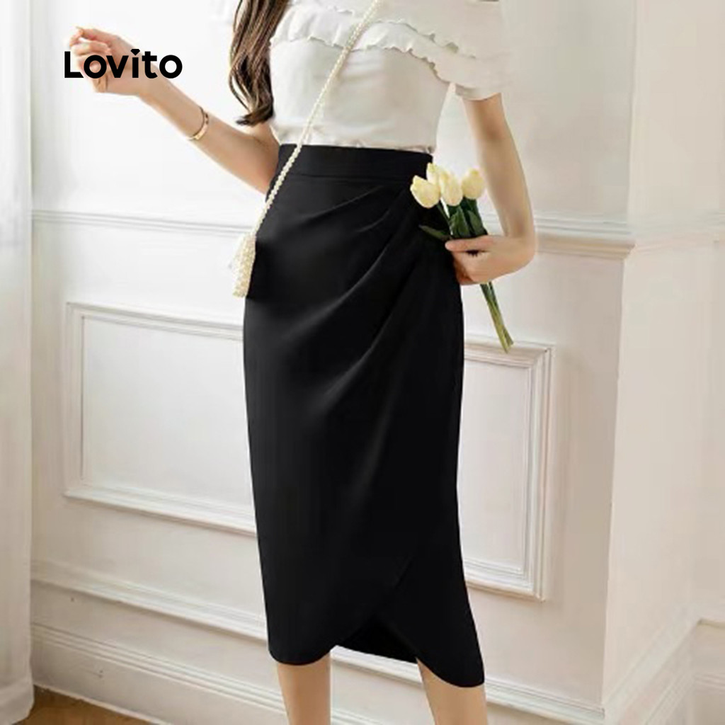 (Trendy) Lovito Saia Plissada Lisa Elegante Para Mulheres L133ED603 - Women Clothes