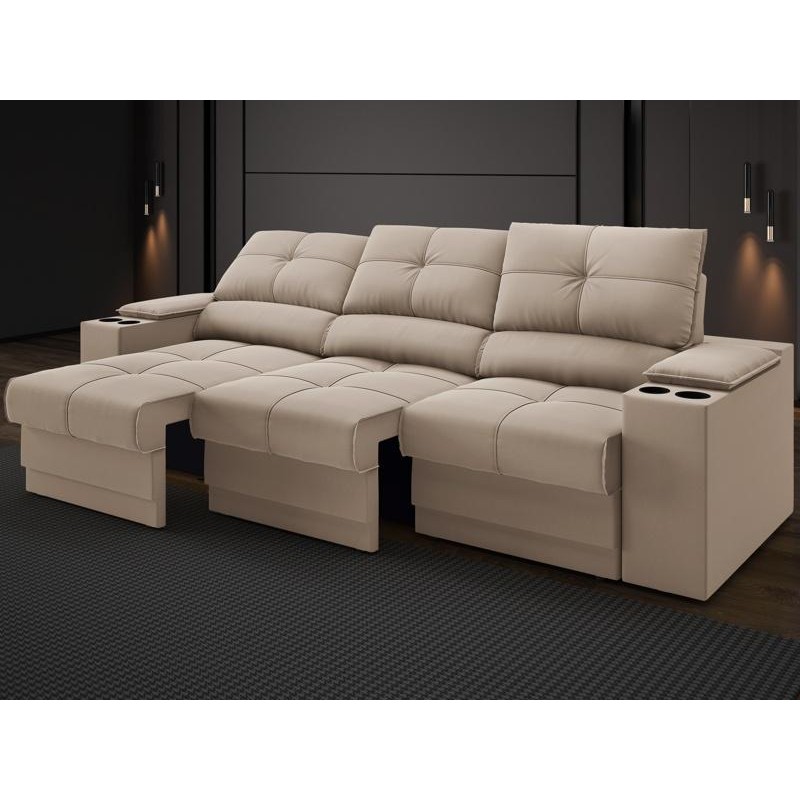 Sofá com Porta Copos e Carregador USB Retrátil e Reclinável Ringo 2,30m Velosuede Areia - NETSOFAS
