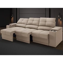 Sofá com Porta Copos e Carregador USB Retrátil e Reclinável Ringo 2,30m Velosuede Areia - NETSOFAS