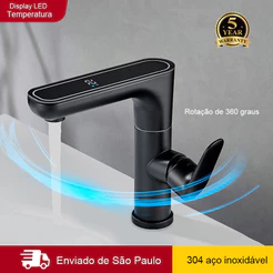 Torneira Display LED Temperatura Misturador Monocomando Inteligente Bancada Rotação de 360° Inox 304