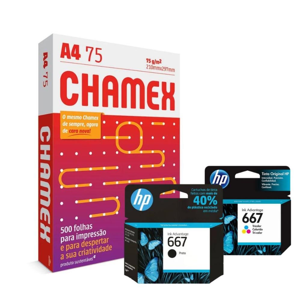Kit 2 Cartucho HP 667 Preto e Colorido + Resma de Papel Sulfite A4 Chamex