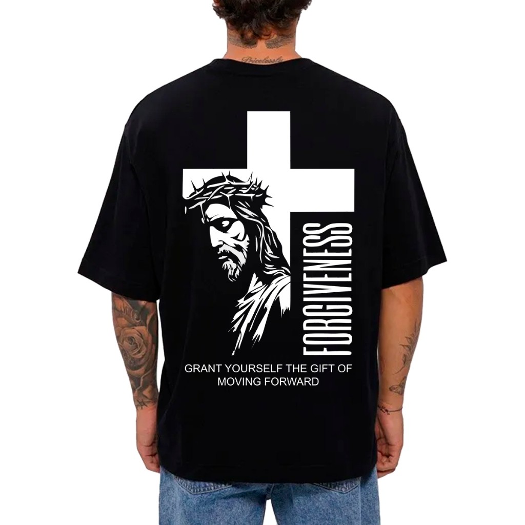 Camiseta Masculina Preta Estampado Moda Gospel Jesus Cruz Oversized ou Básica Malha Exclusiva