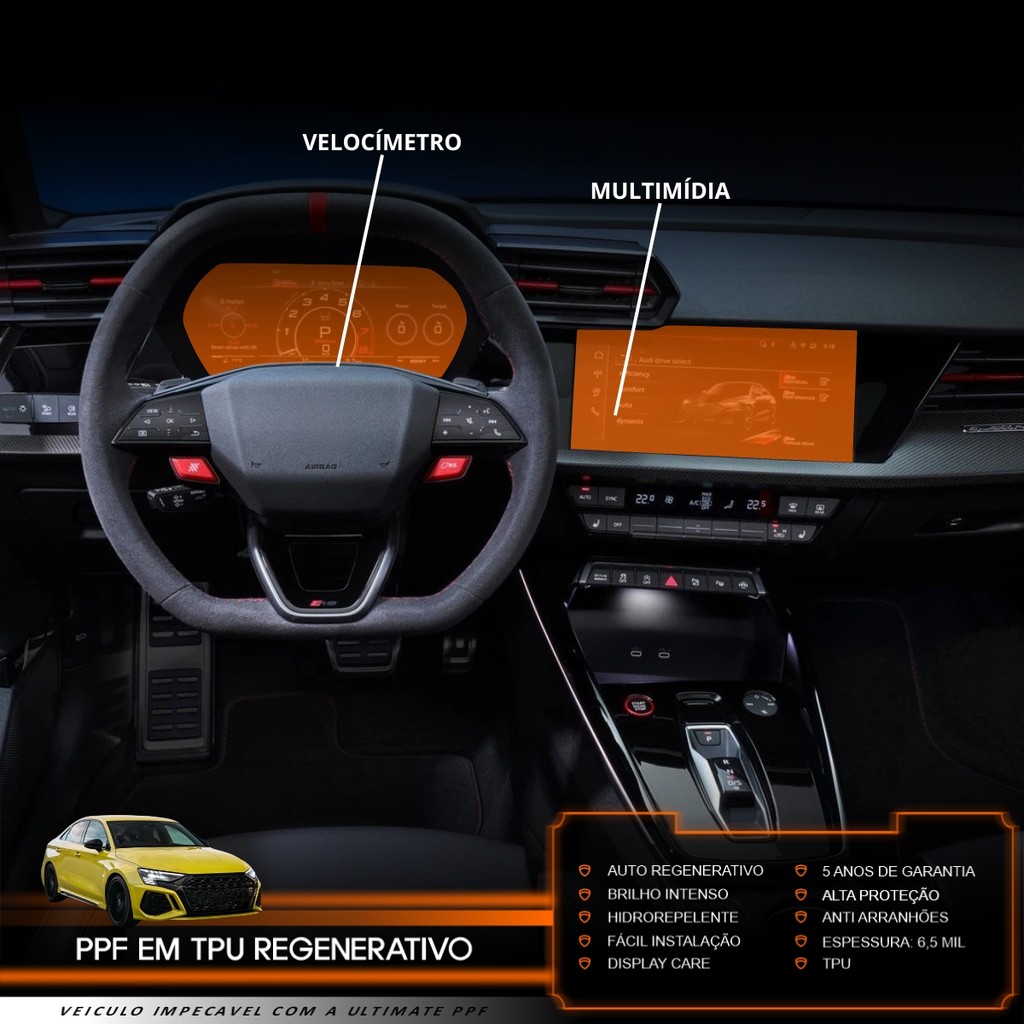 Película PPF Proteção Kit Velocímetro Multimídia Audi RS3 2025 Transparente TPU Anti Risco