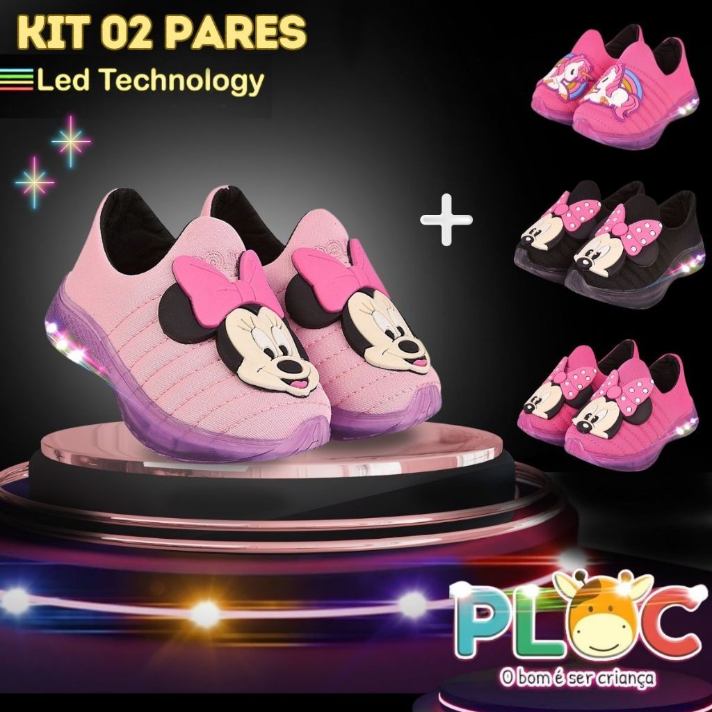 KIT 2 PARES DE TÊNIS LED INFANTIL MENINA (L16 ROSA MINNIE + PAR ADICIONAL A SUA ESCOLHA)