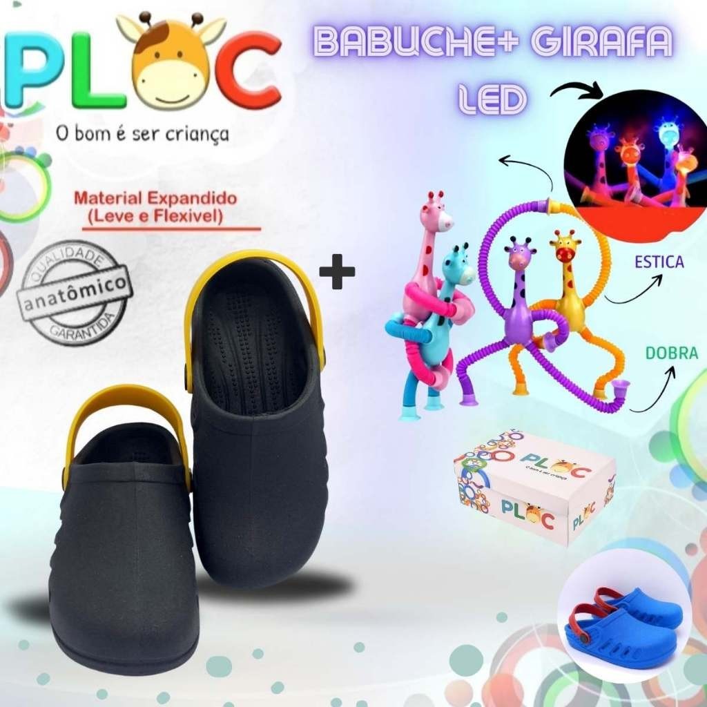 Kit Divertido Ploc - Babuche PRETO + Girafa Ploc LED Estica e Puxa MENINO
