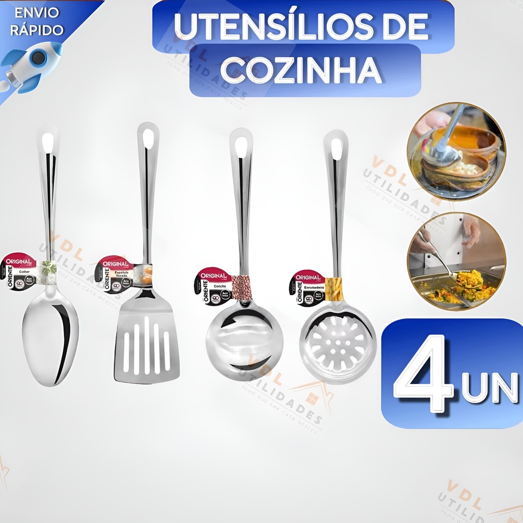 Jogo 4 Peças Utilidades INOX para Cozinha Espatula Escumadeira Colher de Arroz Concha Comida Cozinha Restaurante