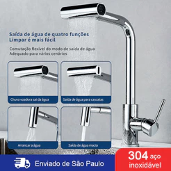 Torneira De Cozinha 360 Rotação 4-Funções Bocal De Alta Pressão Aço Inox 304 Cor prata Brilhante
