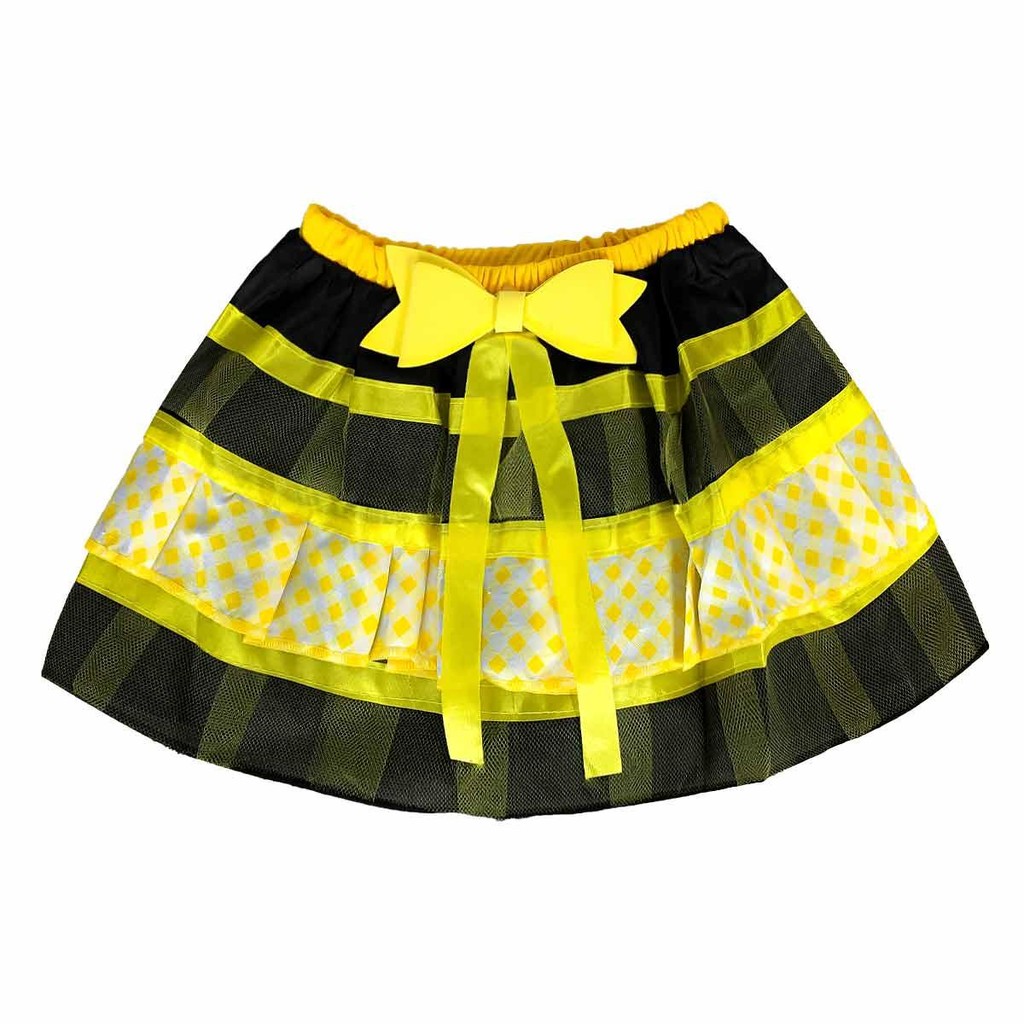 Saia Infantil de Festa Junina pra Meninas Xadrez Amarelo e Preto Rodado com Laço