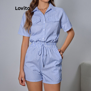(Trendy) Lovito Macacão Elegante Listrado Com Bolso Falso E Botão Para Mulheres LBL18268 em Oferta na Shopee