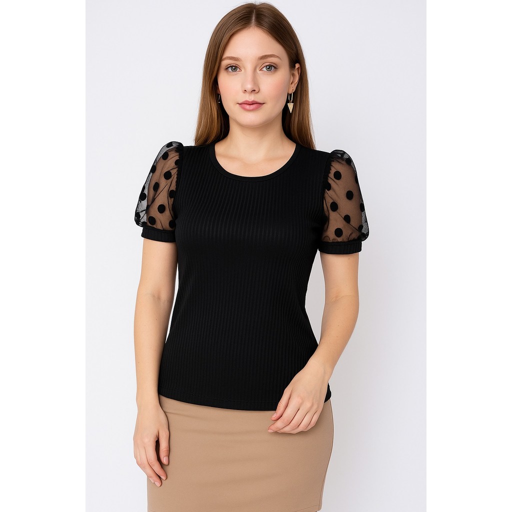 Blusa feminina casual canelada gola rasa manga tule estilosa