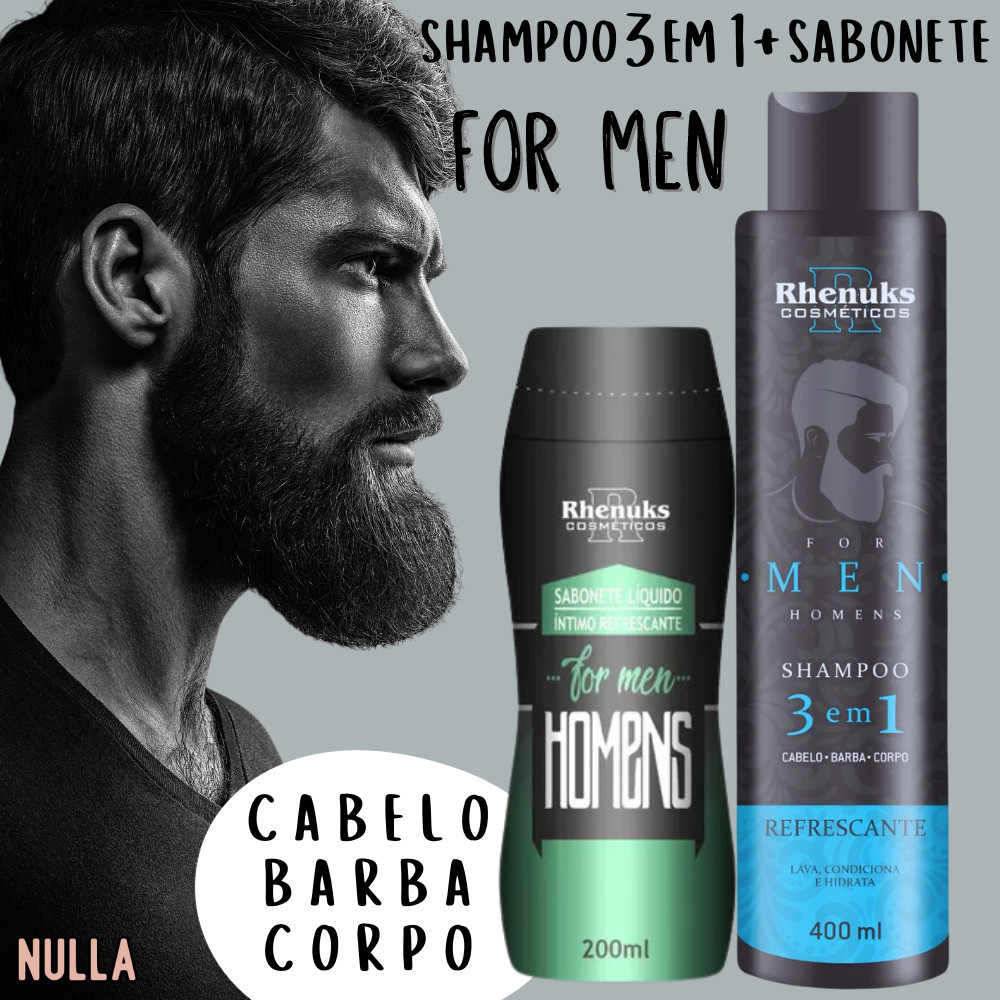 KIT For Men com Shampoo 3 em 1 c/ 400 ml  para cabelo barba e corpo + Sabonete Intimo 200 ml -   Rhenuks Homem