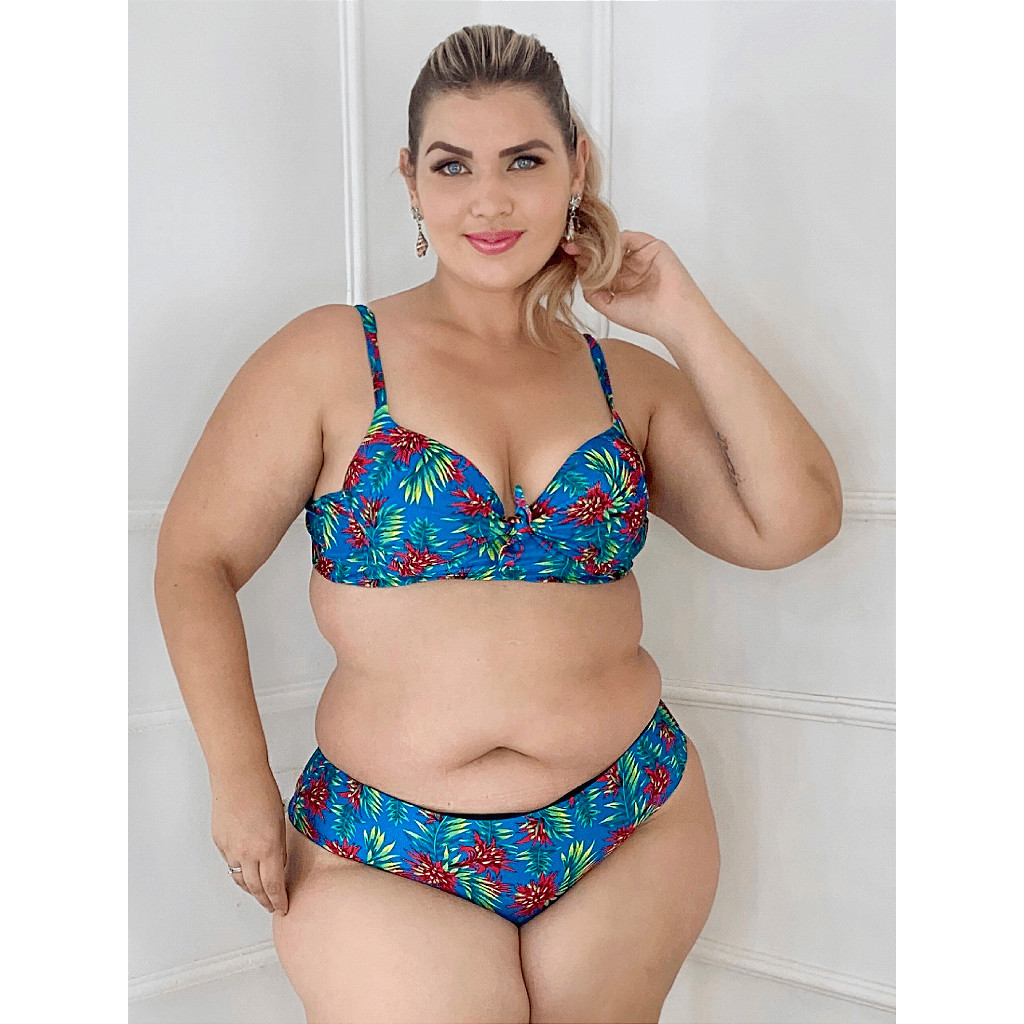 Calcinha Biquíni Tanga azul flores vermelha Bia com proteção UV50+ Plus Size Midi Size