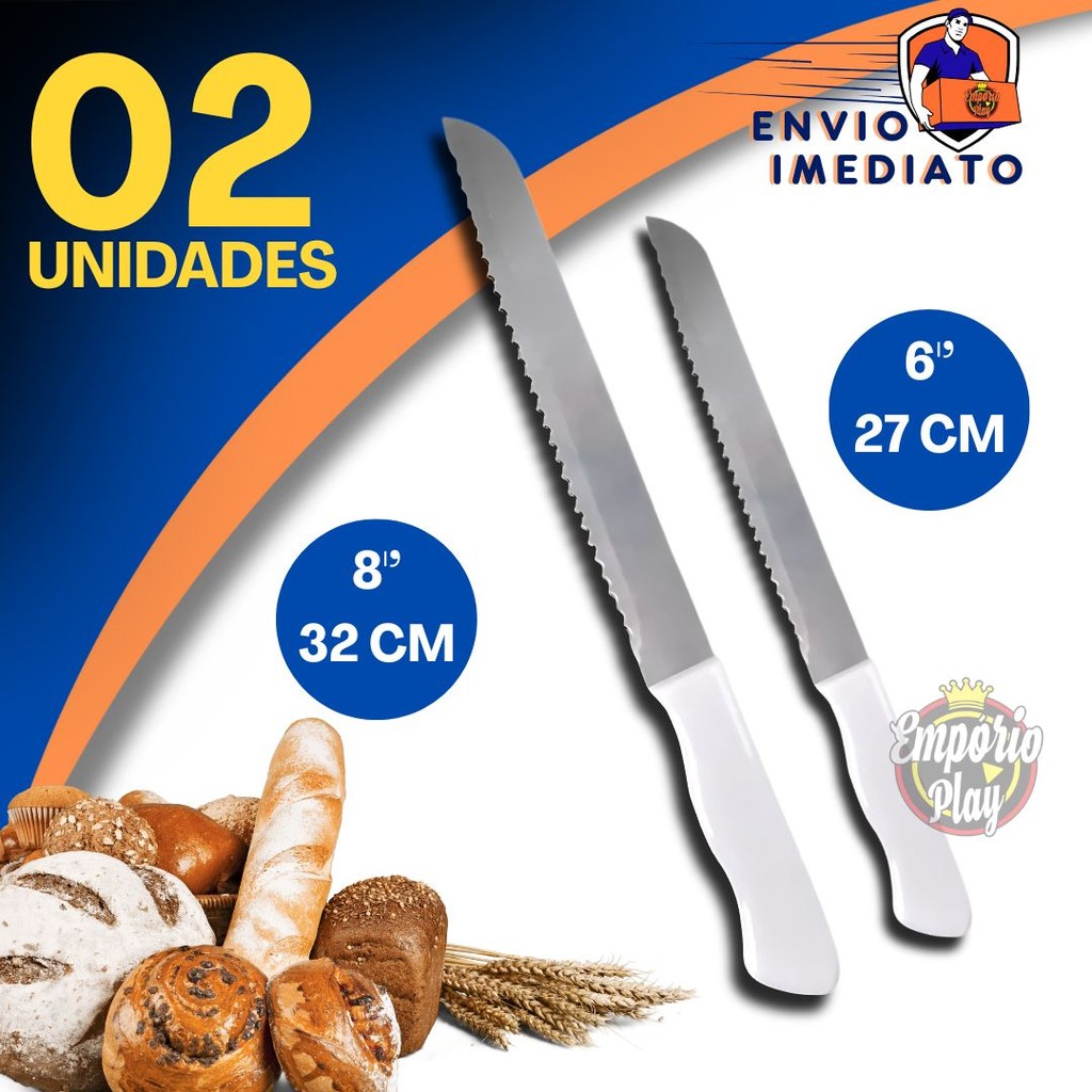 Kit Conjunto 2 Facas de Pão Bolo Torta Grande Cucas Serra Serrilha Aço Inox Cabo 32,8cm e 27.5cm em Oferta na Shopee