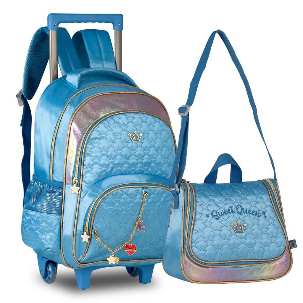 Kit Mochila de Carrinho e Lancheira Sweet Queen Infanto Juvenil Escolar Azul SQ23059K