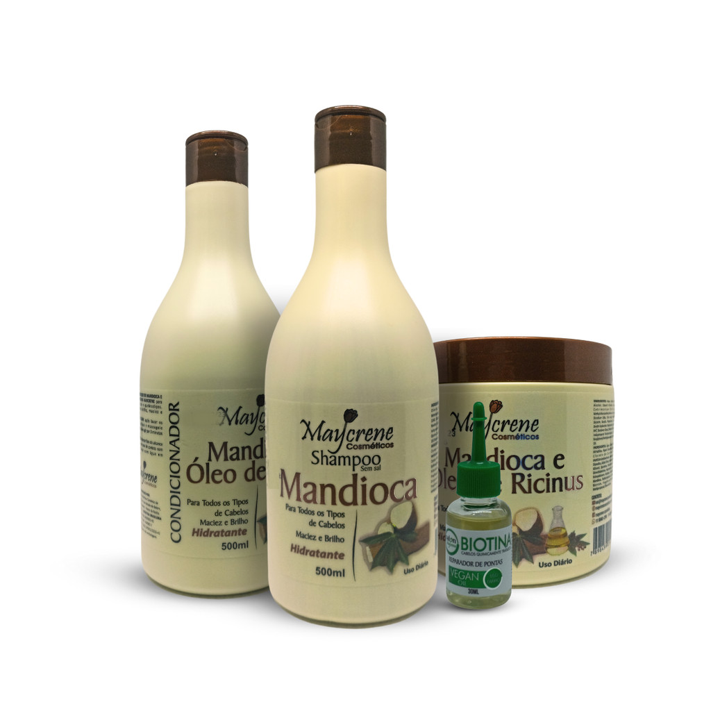 Kit Mandioca Maycrene Nutri e Fortalece 3x500ml mais reparador de Pontas 30ml ( Shamp + Cond + Másc  + reparador )