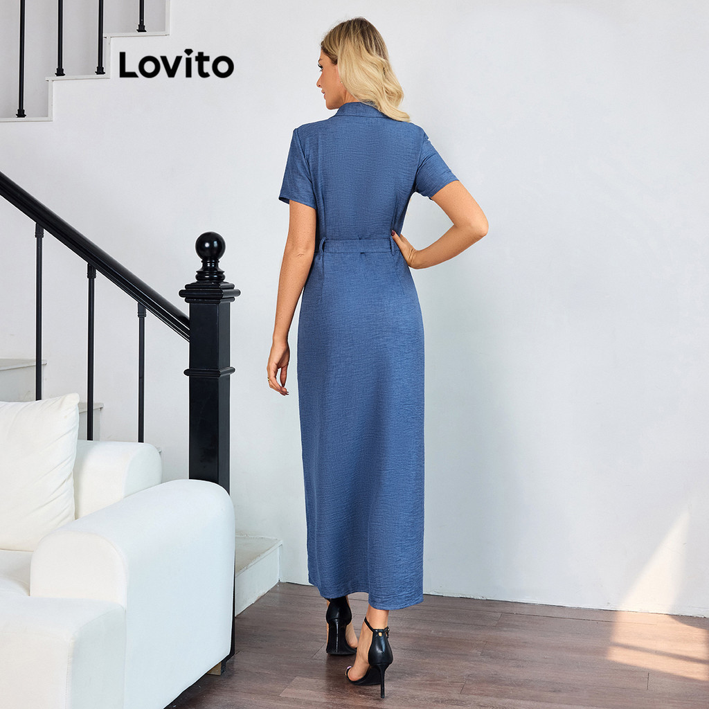 (Trendy) Lovito Vestido Elegante Com Botão Liso E Cinto Frontal Para Mulheres LBL16404 - Women Clothes