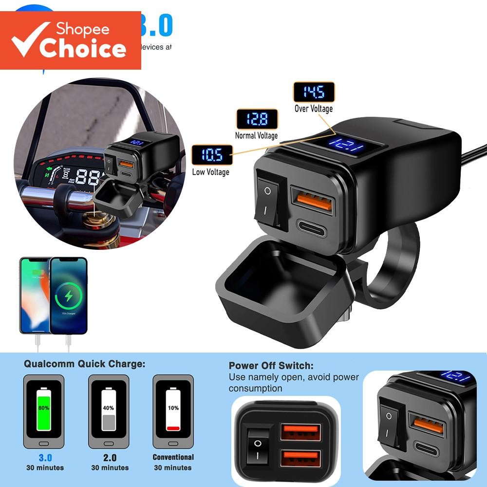 Carregador Rápido USB Para Motocicleta À Prova D'água PD QC3.0 Com Porta Tipo C E Voltímetro Digital