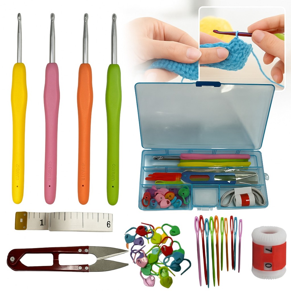 Kit Croche Completo Agulhas Soft Anatomicas Marcador Contador de Pontos Tesoura Box Organizador 32 Peças