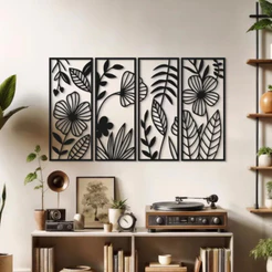 Quadro Decorativo Floral em MDF – 4 Peças – Painel Vazado Parede Sala Quarto – Diversos Tamanhos