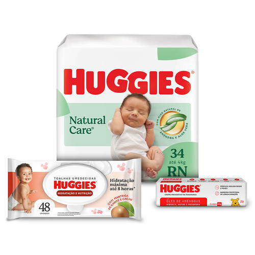Kit 3 Itens Huggies -  Lenço Hidratação, Creme e Fralda Natural Care RN 34 em Oferta na Shopee