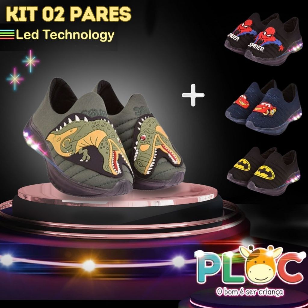 KIT 2 PARES DE TÊNIS LED INFANTIL MENINO LED39 - VERDE DINOSAURO REX + PAR ADICIONAL A SUA ESCOLHA