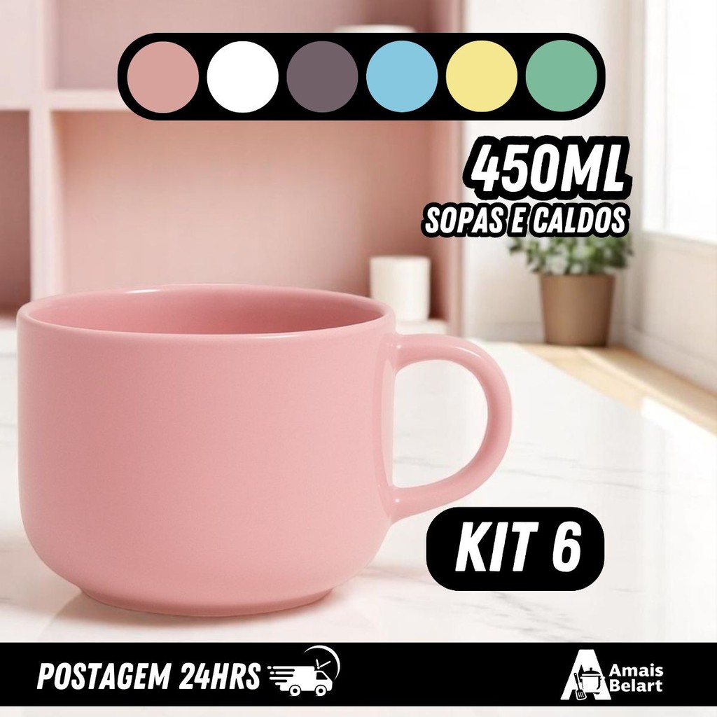 Caneca Porcelana Jumbo 450 ml Colorida – Conjunto 6 Peças p/ Caldo, Micro‑ondas & Lava‑louças