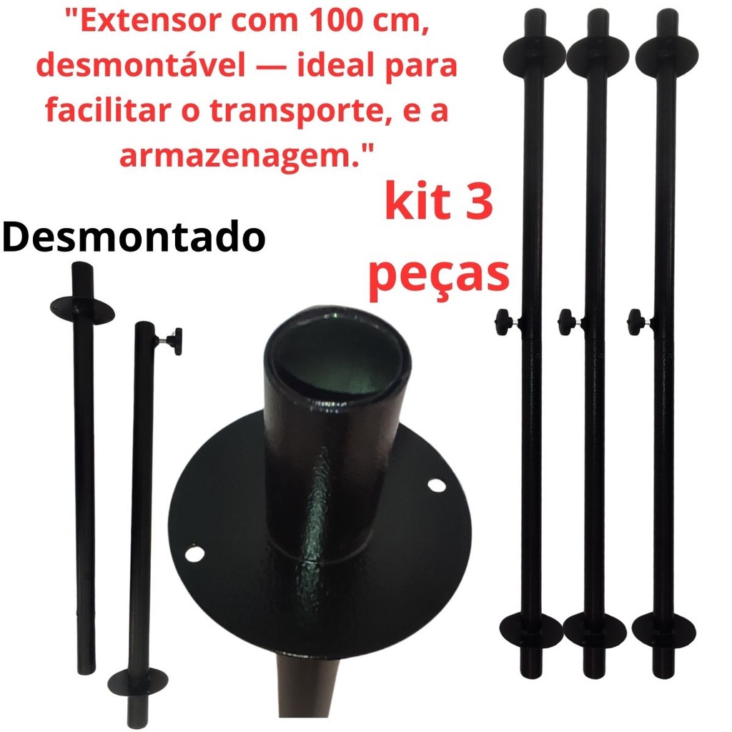 Kit C/3 Extensor Suporte Prolongador 1m Para Caixa Som Satélite Sub Grave Acústica  Dj Desmontável.