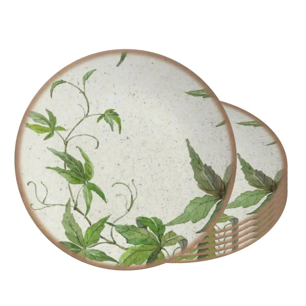 Jogo 6 Pratos de Sobremesa de Cerâmica Off White Coup Tropical Leaves Alleanza 20cm