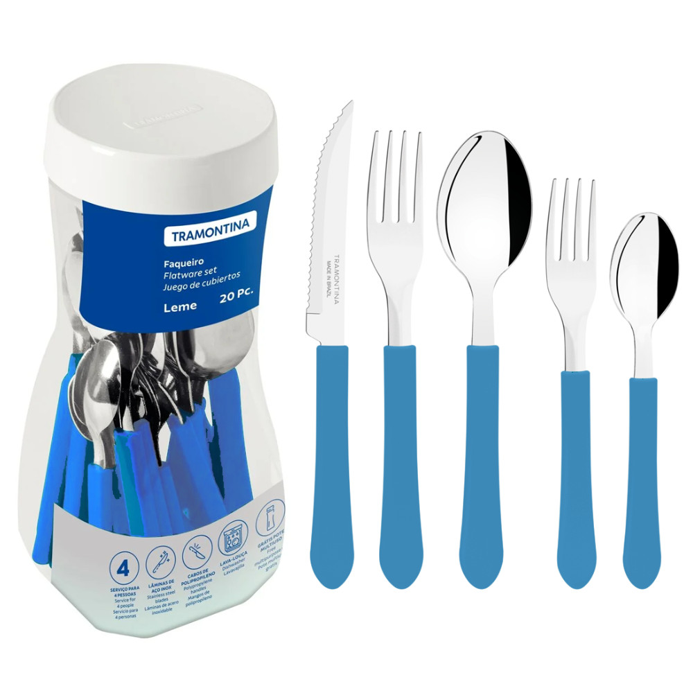 Faqueiro Leme Azul Oceano 20 Peças Em Aço Inox Tramontina