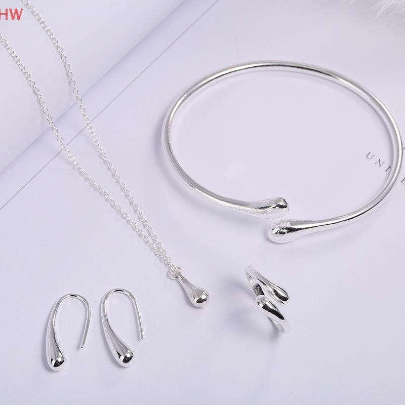 Detalhes do 4 Pçs Moda Lágrima Conjunto De Jóias Para Mulheres Simples Anel Colar Pulseira Brincos Banquete De Casamento