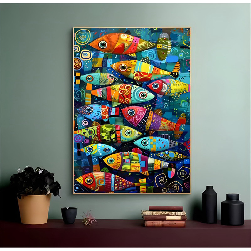 Quadro Decorativo Peixes Coloridos Abstrato Pintura Full HD